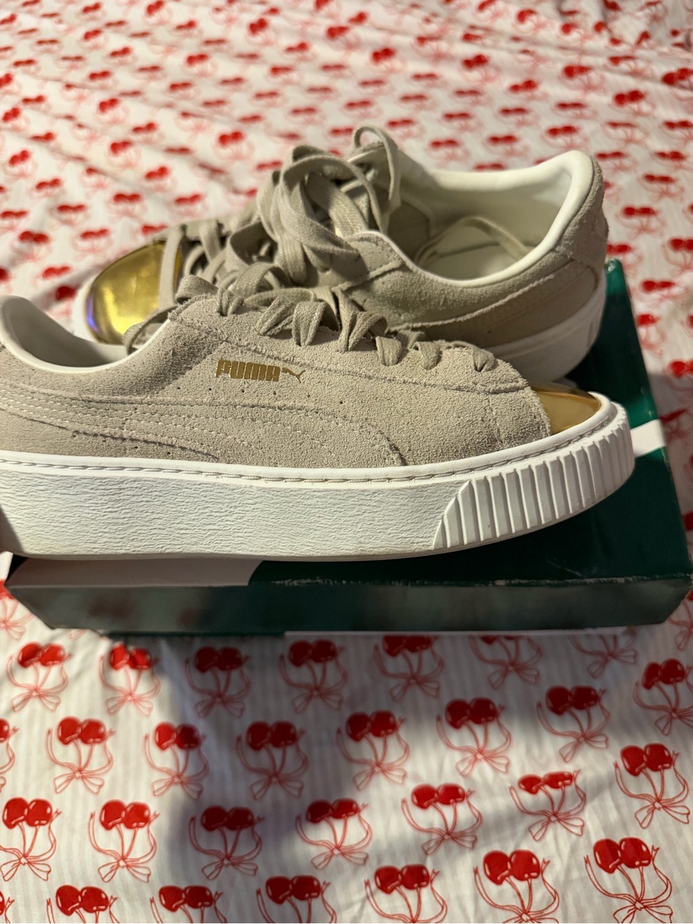 Puma Suede Platform Sneakers in Taupe with Gold Toe Cap